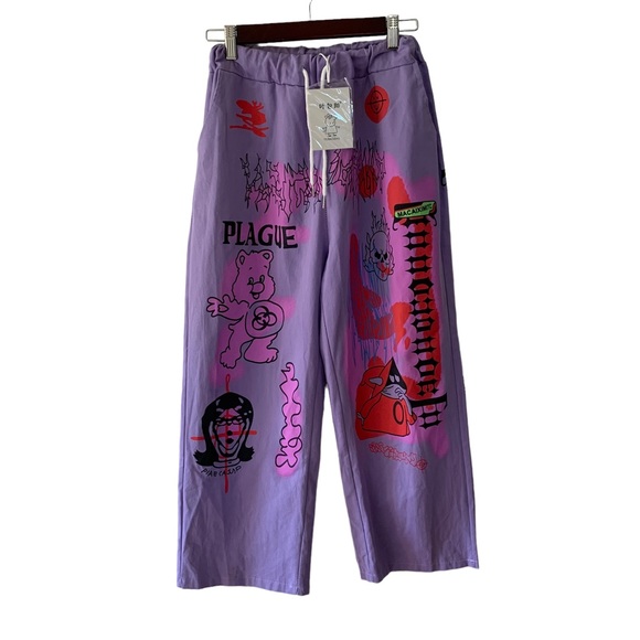 Pants - Kidcore Harijuku Bears Graphic Baggy Streetwear Pull On Neon Purple Pants Small